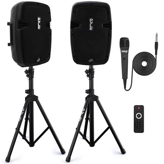 Pyle - PPHP849KT , Sound and Recording , PA Loudspeakers - Cabinet Speakers , Active + Passive PA Speaker System Kit - Dual Loudspeaker Sound Package, 8'' Subwoofers, Bluetooth Wireless Streaming, Includes (2) Speaker Stands, Wired Microphone, Remote Control (700 Watt)